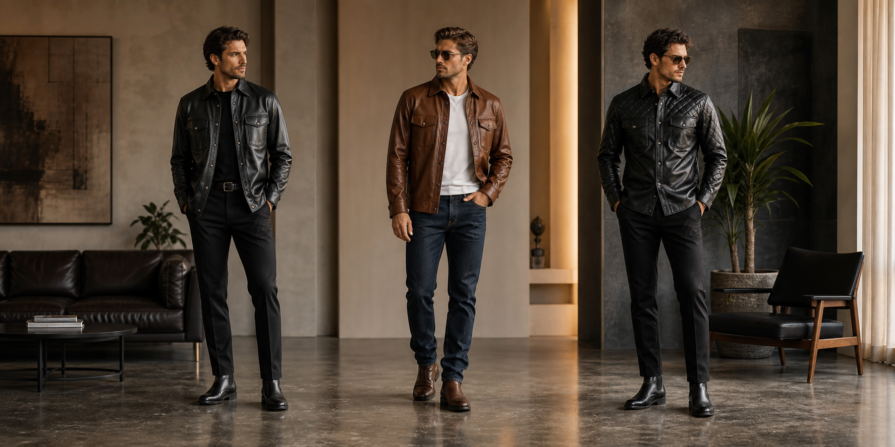 Mens leather shirt outfit editorial hero with black, brown, and quilted leather shirt looks