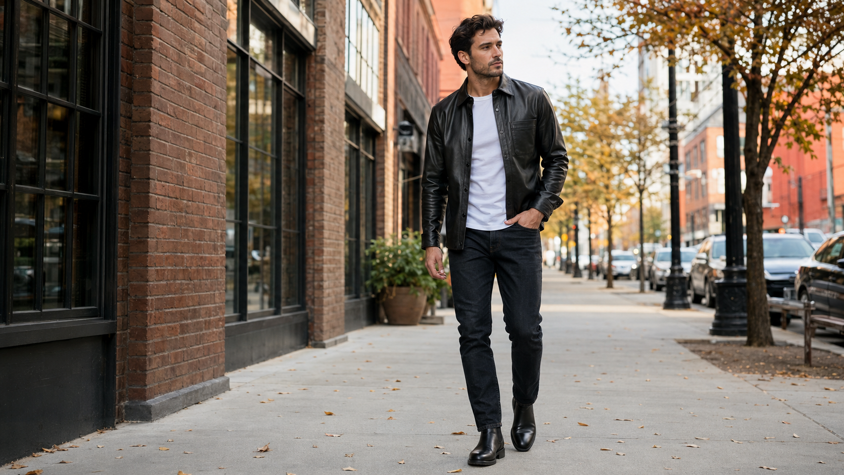 Man wearing a black leather button-up shirt over a white T-shirt with dark jeans and Chelsea boots on a city street