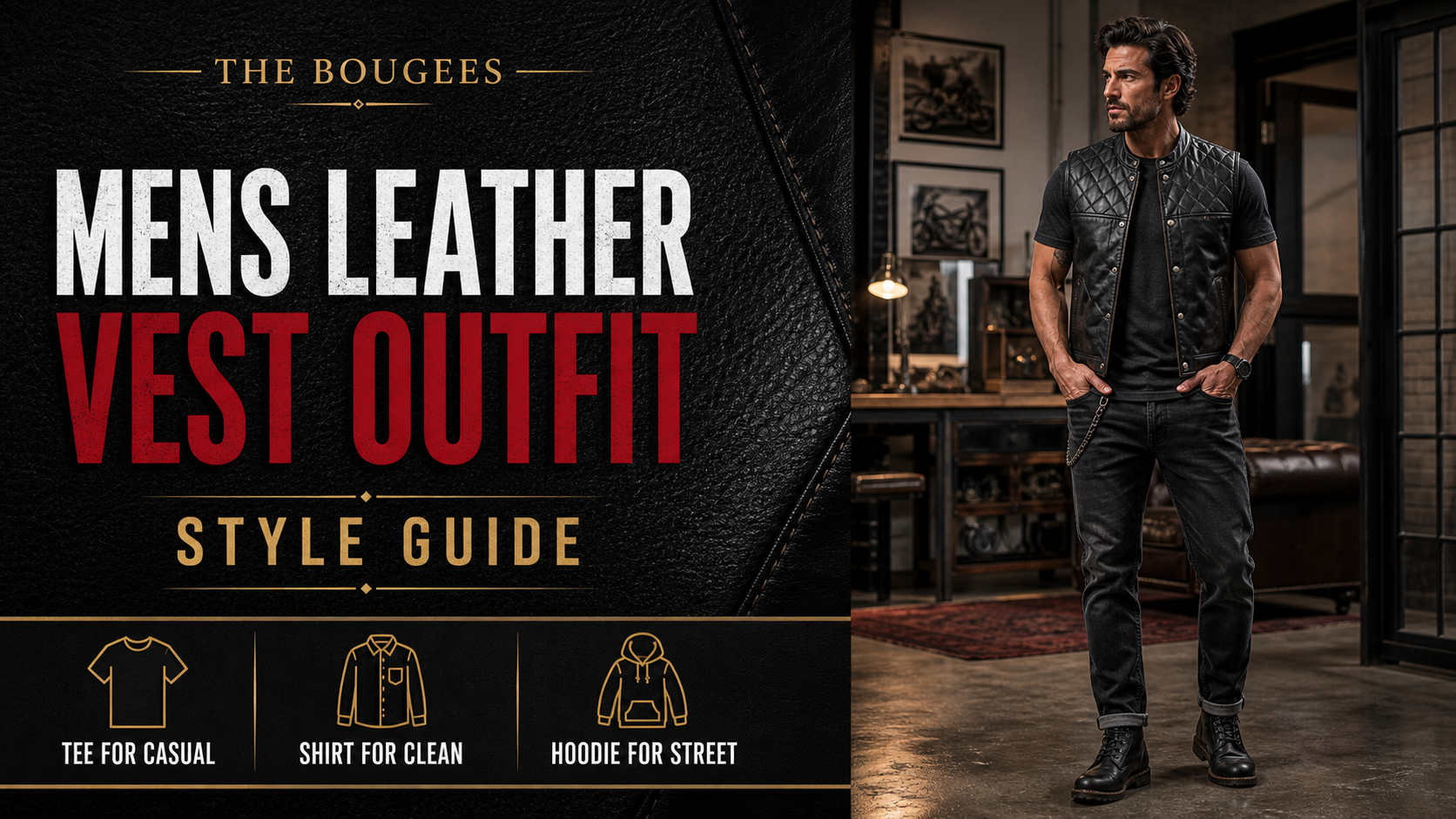 Mens leather vest outfit style guide editorial cover from The Bougees