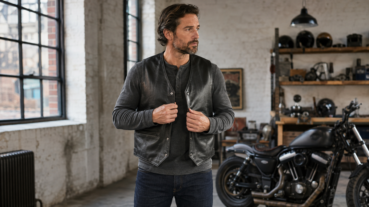 Man checking black leather vest fit over a henley in a workshop