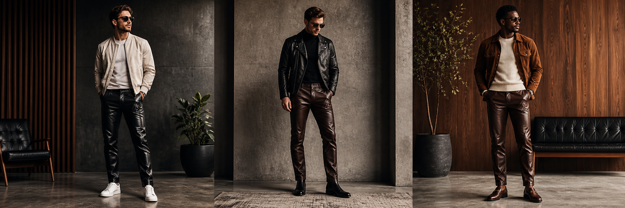 Three men's leather pants outfits paired with sneakers, Chelsea boots, and loafers
