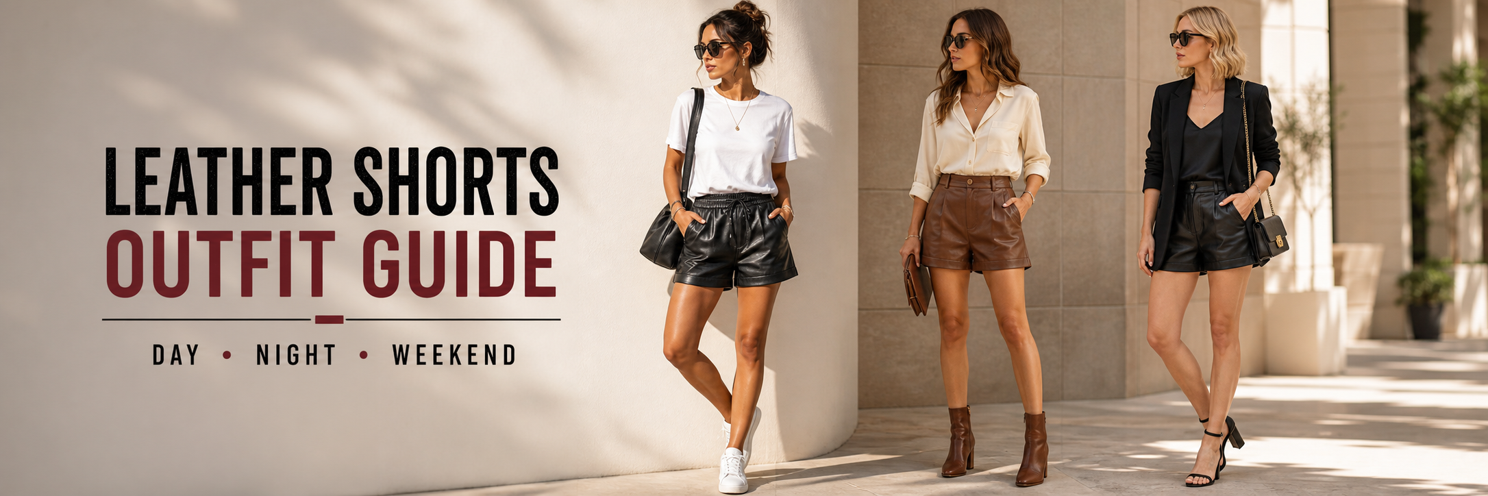 Three women's leather shorts outfit ideas for day, night, and weekend styling