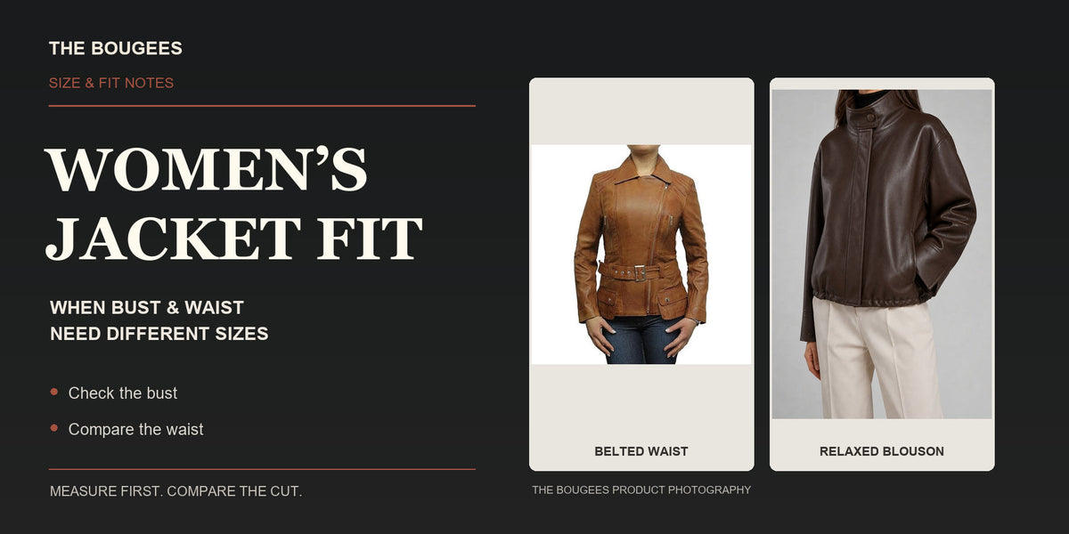 Women’s jacket fit cover comparing a belted jacket and brown blouson with bust and waist reminders
