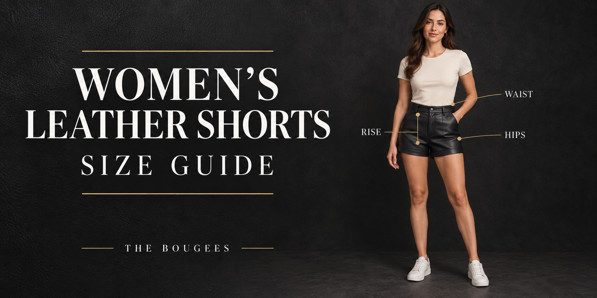 Women’s leather shorts size guide cover with waist, hips and rise callouts on an illustrative outfit