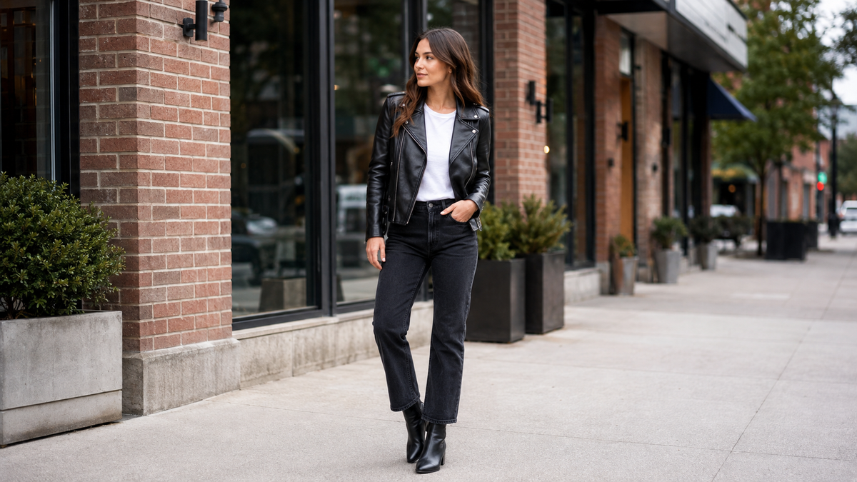 Womens leather jacket size guide editorial fit cover by The Bougees