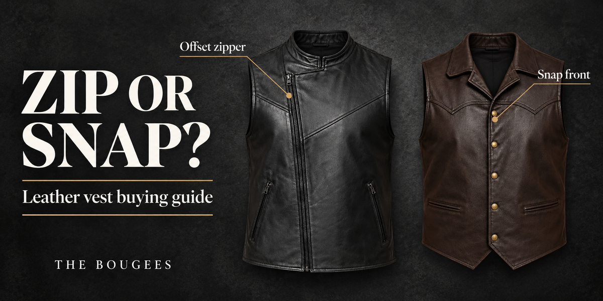Zip or snap editorial comparison showing black offset-zip and brown snap-front leather vests with labeled fastenings