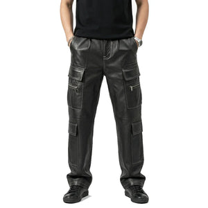 Men's black lambskin leather cargo pants with multiple pockets and zipper details