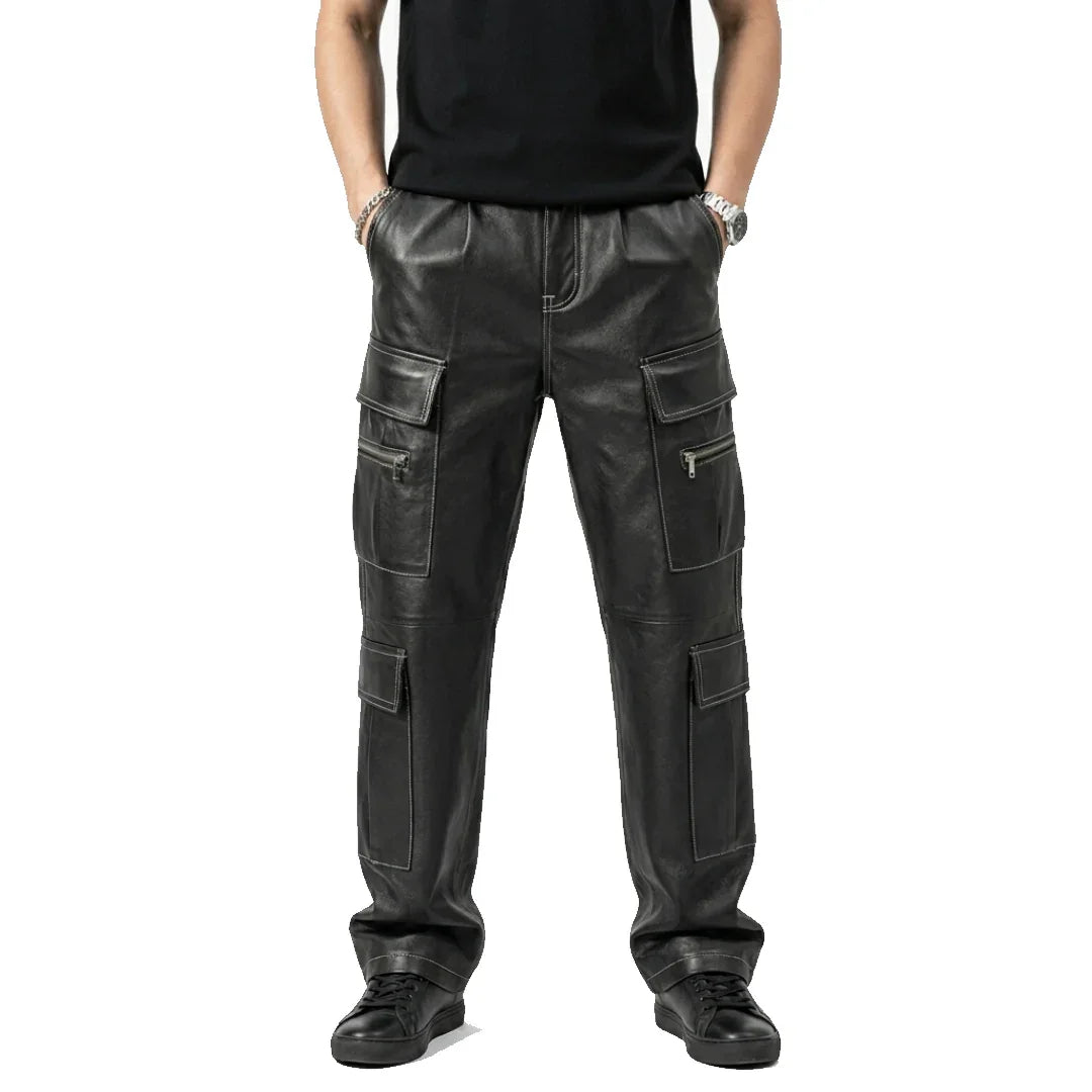 Men's black lambskin leather cargo pants with multiple pockets and zipper details