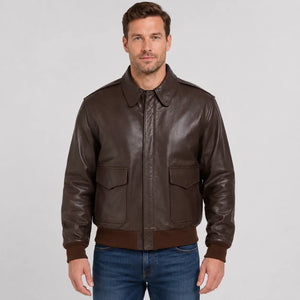 Men's brown leather bomber jacket with front pockets and ribbed cuffs