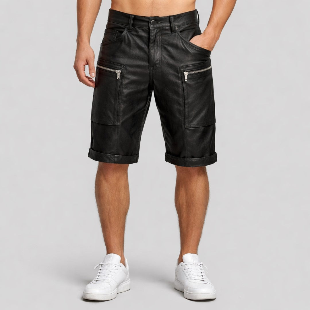 Men's black genuine leather cargo shorts with zip pockets and cuffed hems