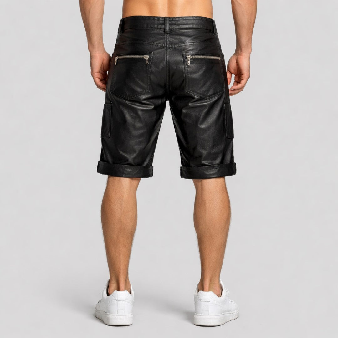 Men's black genuine leather cargo shorts with back zipper pockets, rolled cuffs