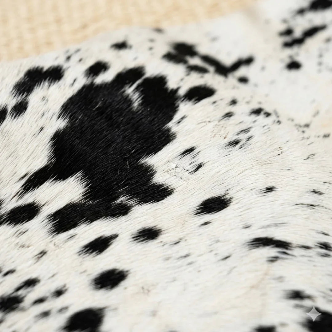 Close-up of genuine cowhide leather rug with black and white spotted pattern