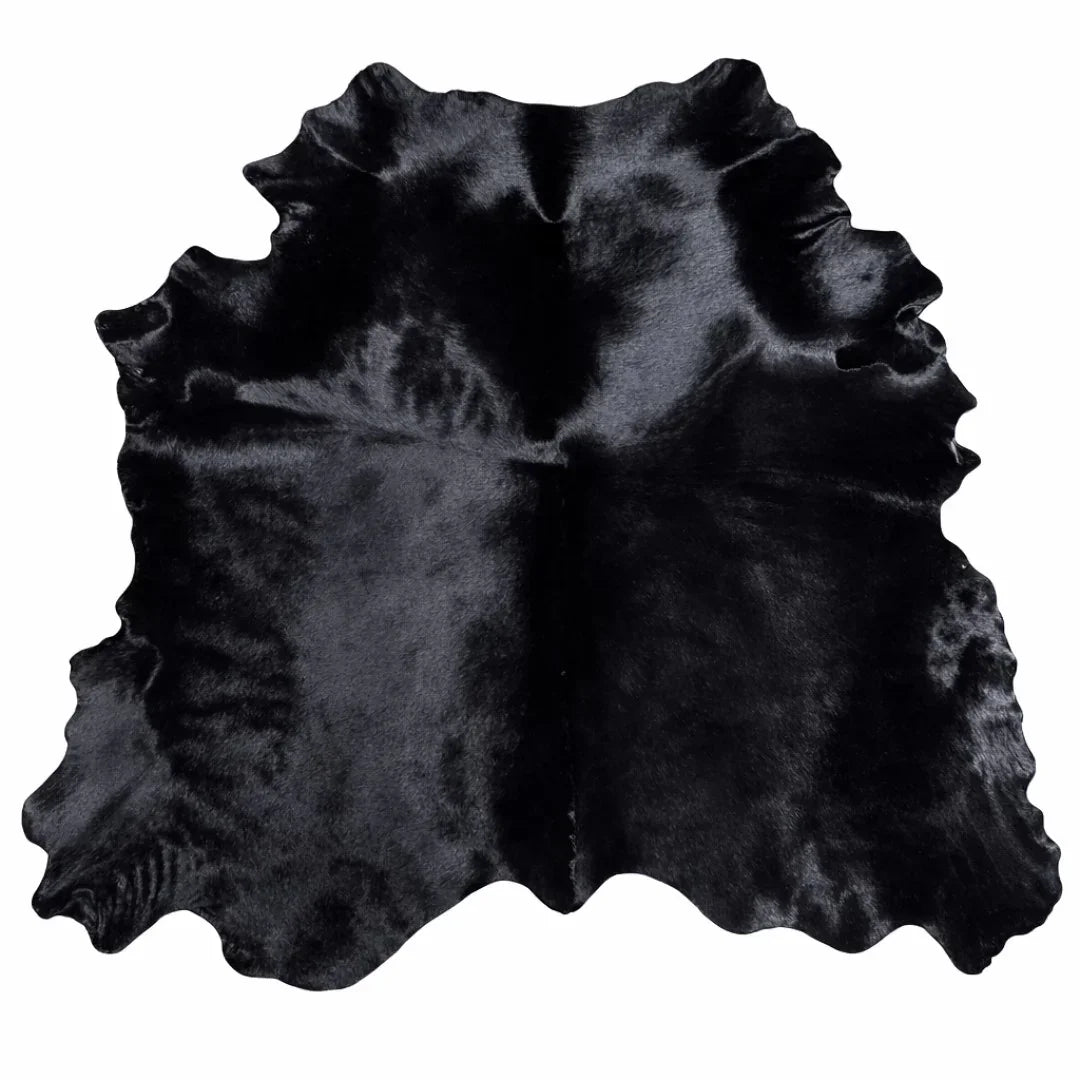 Black genuine cowhide rug with natural shape and glossy leather texture