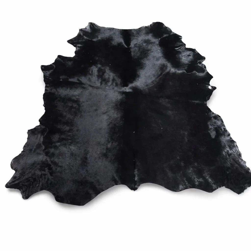 Black genuine cowhide leather rug with natural texture on a white background