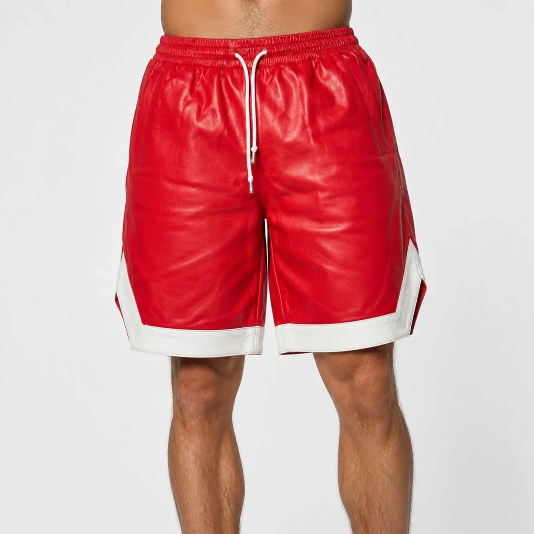 Red leather shorts with white trim and drawstring waist for men