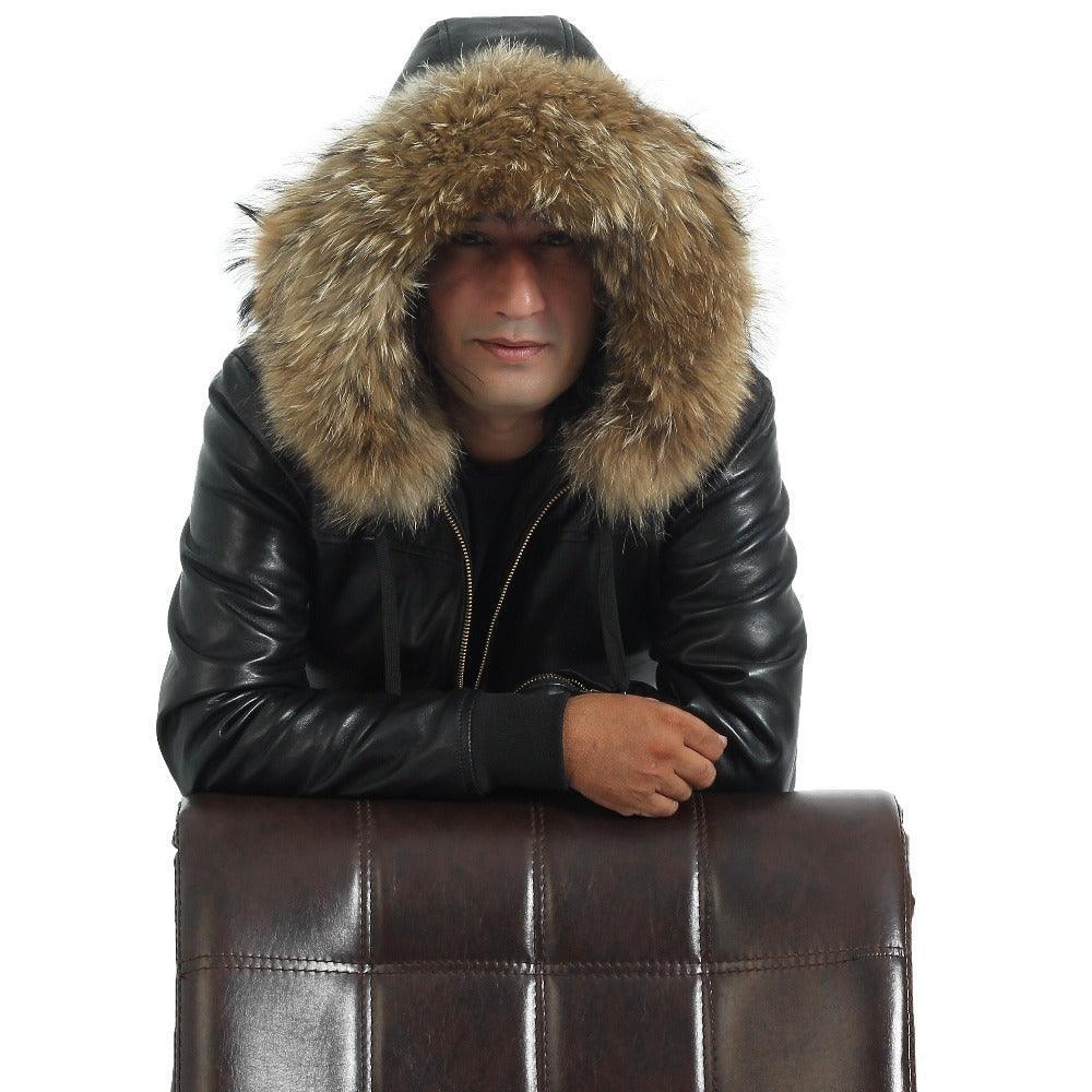 Black Leather Bomber Jacket With Fur on Hood Winter Jacket