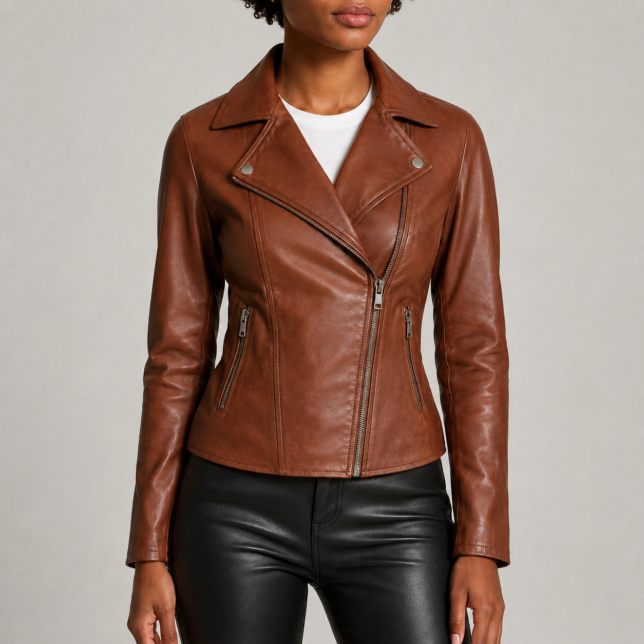 Women's cognac brown leather jacket LJ111 on female model
