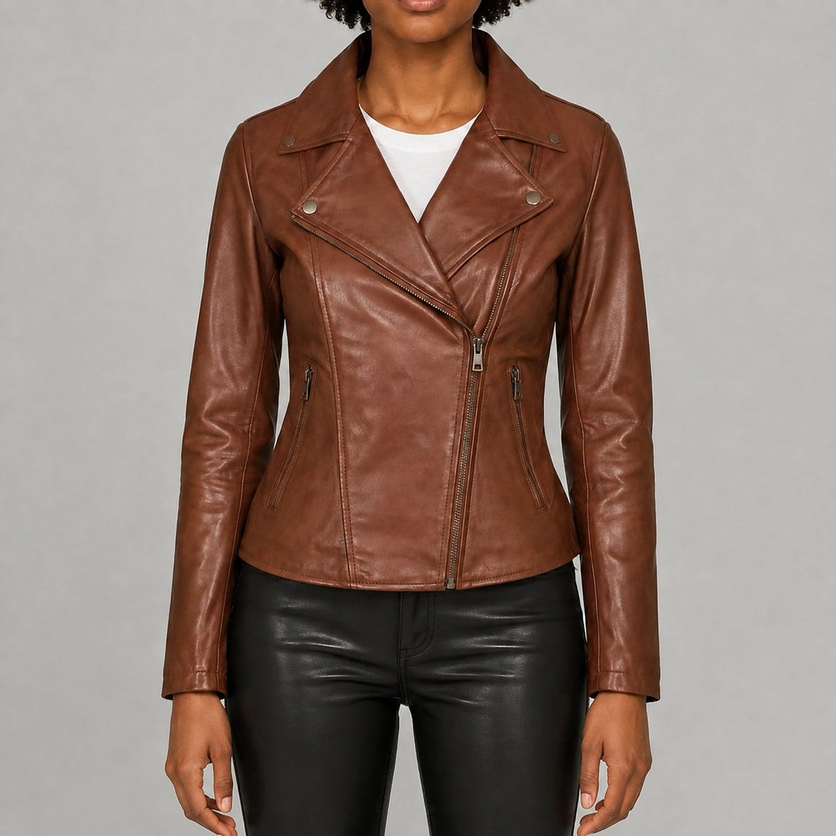 Women's cognac brown leather jacket LJ111 front view size SMALL