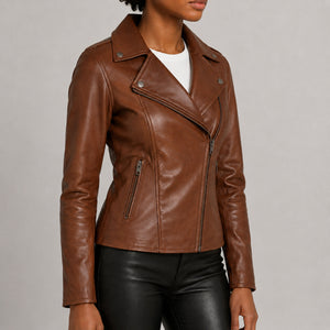 Women's cognac brown leather jacket LJ111 side view size SMALL