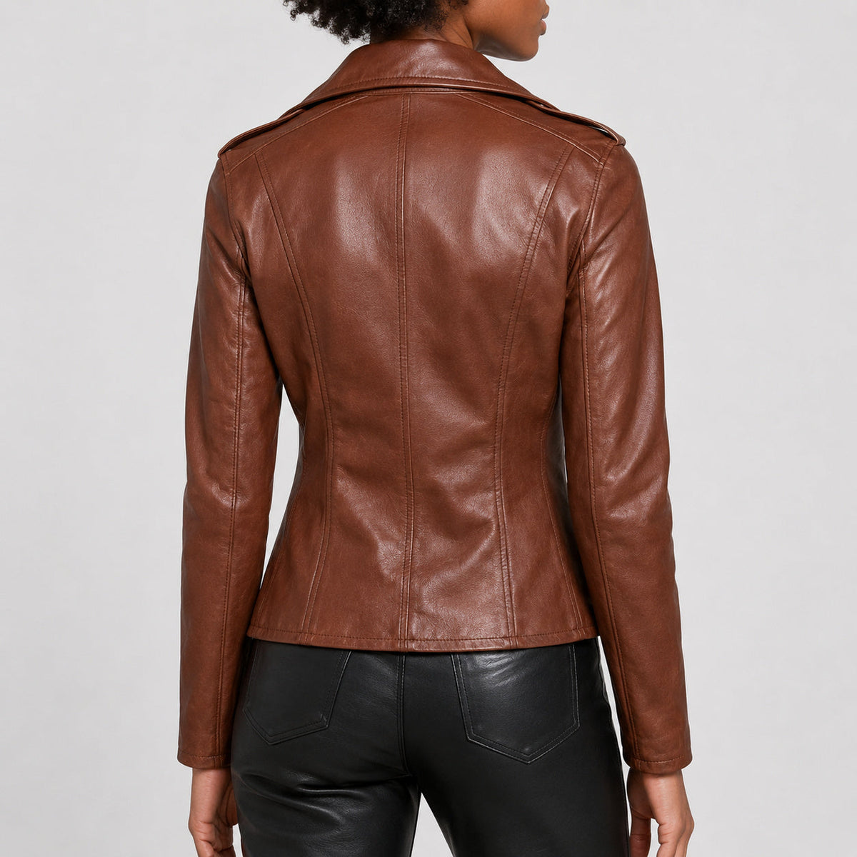 Women's cognac brown leather jacket LJ111 back seam view size SMALL