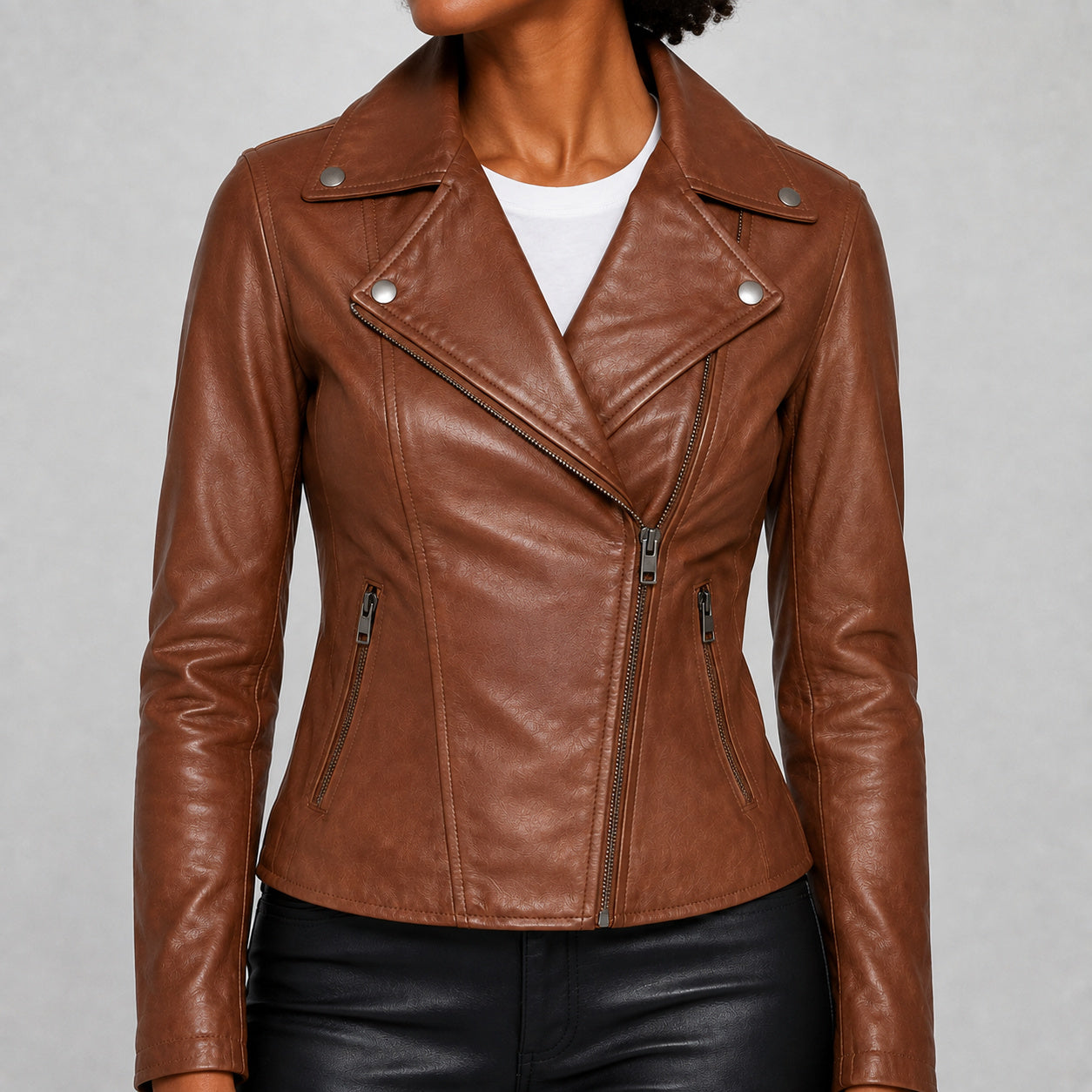 Women's cognac brown leather jacket LJ111 lapel and side zipper detail size SMALL
