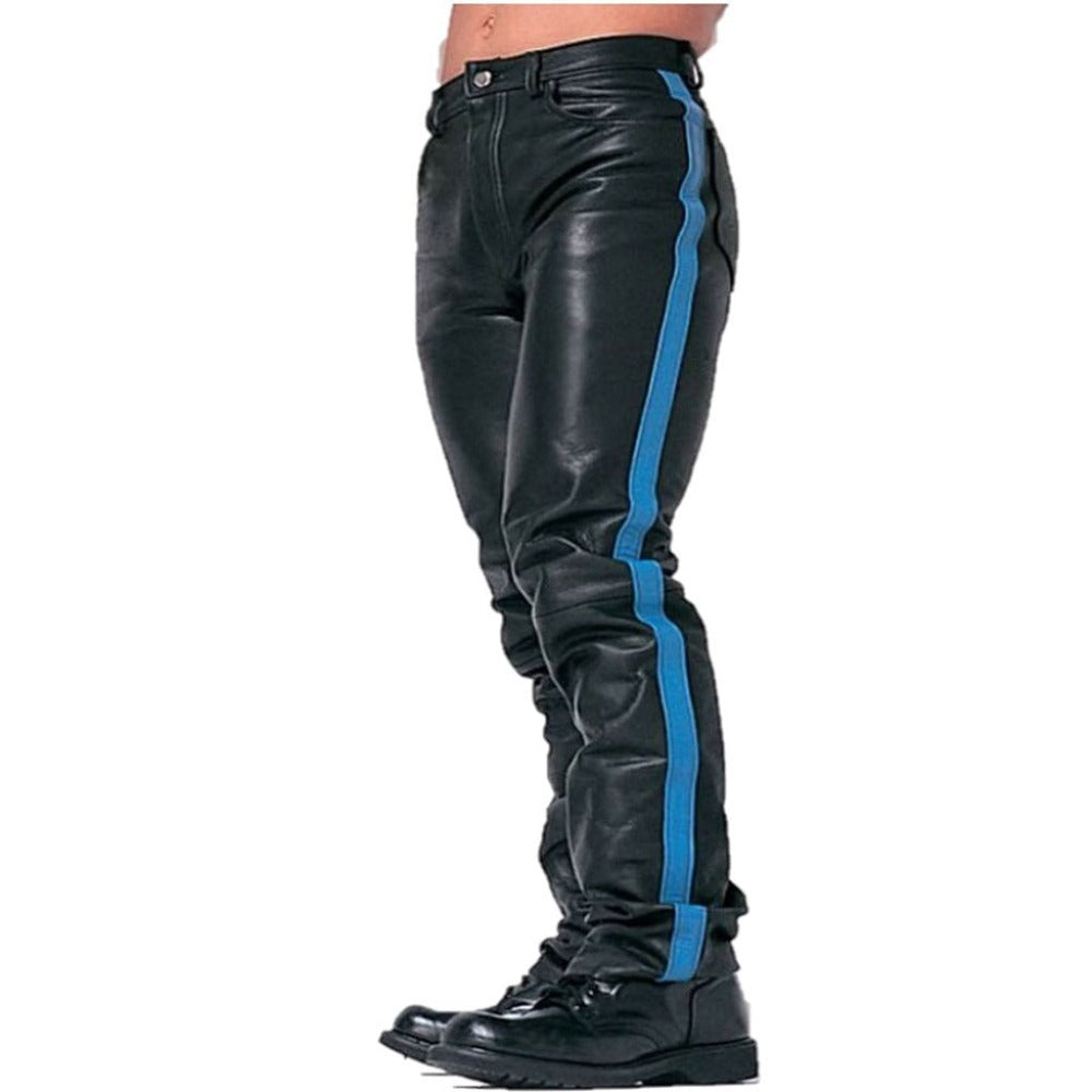 Leather Jeans Pant with Blue Stripes - TheBougees