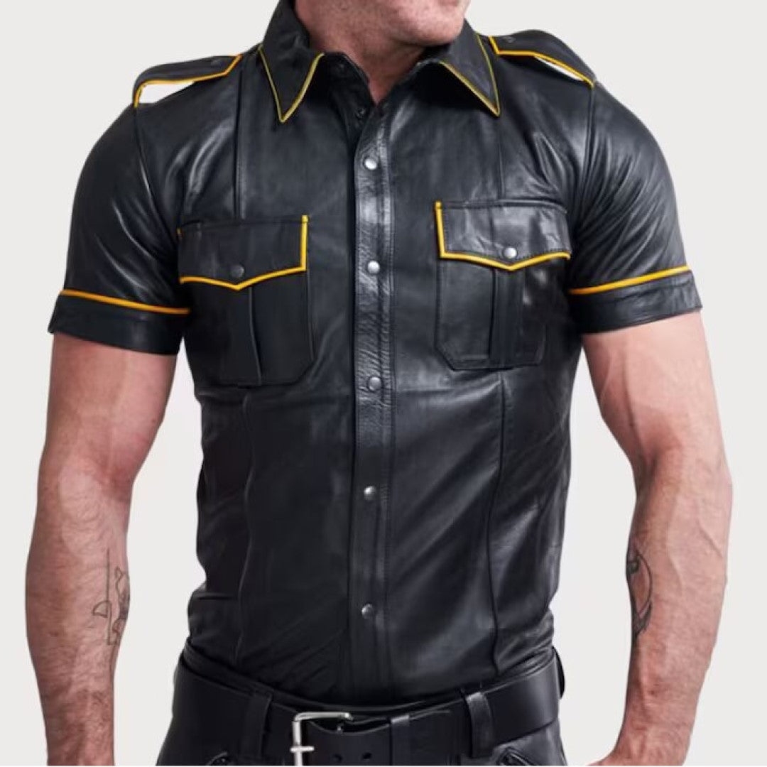 Police Style Leather Jacket With Yellow Linings - TheBougees