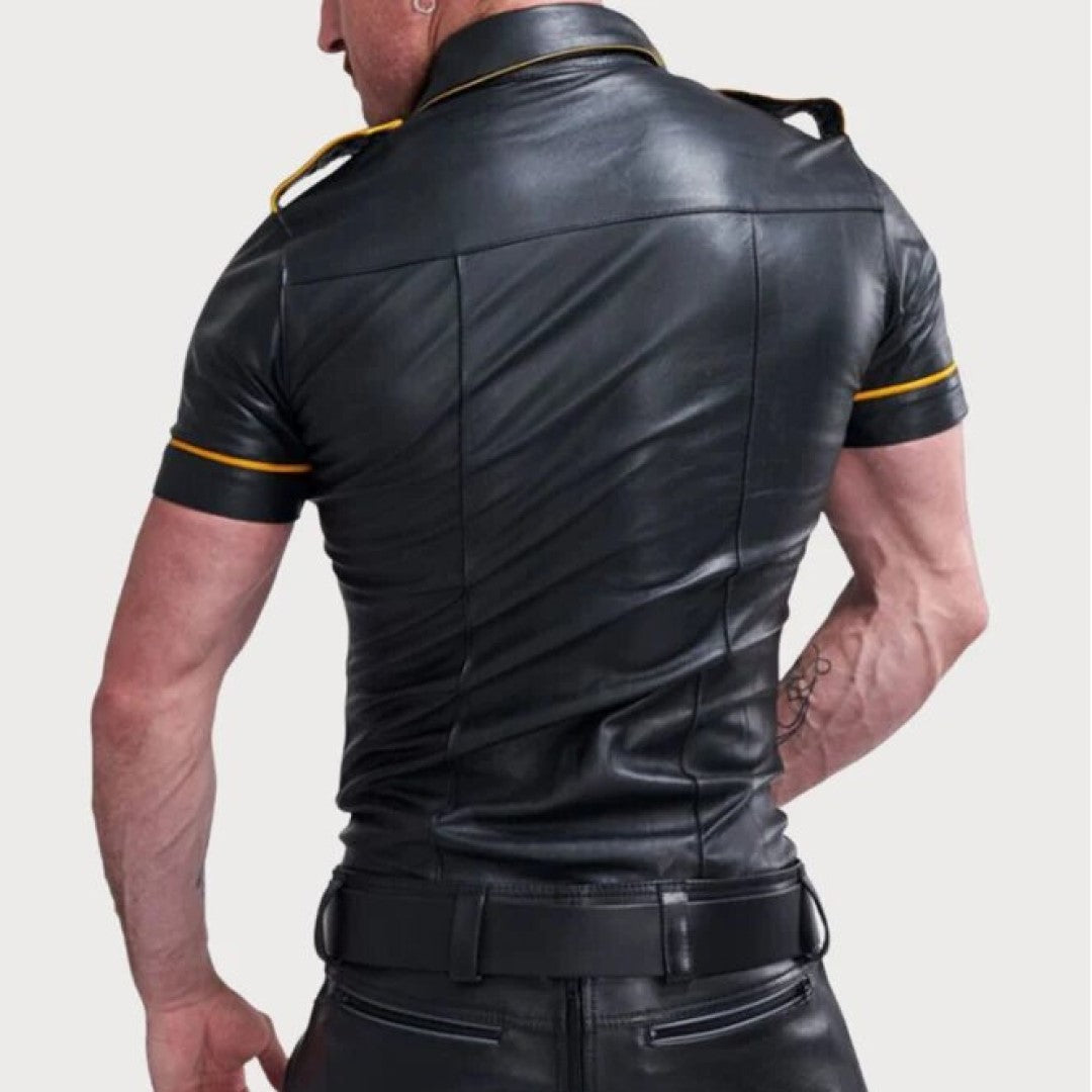 Police Style Leather Jacket With Yellow Linings - TheBougees