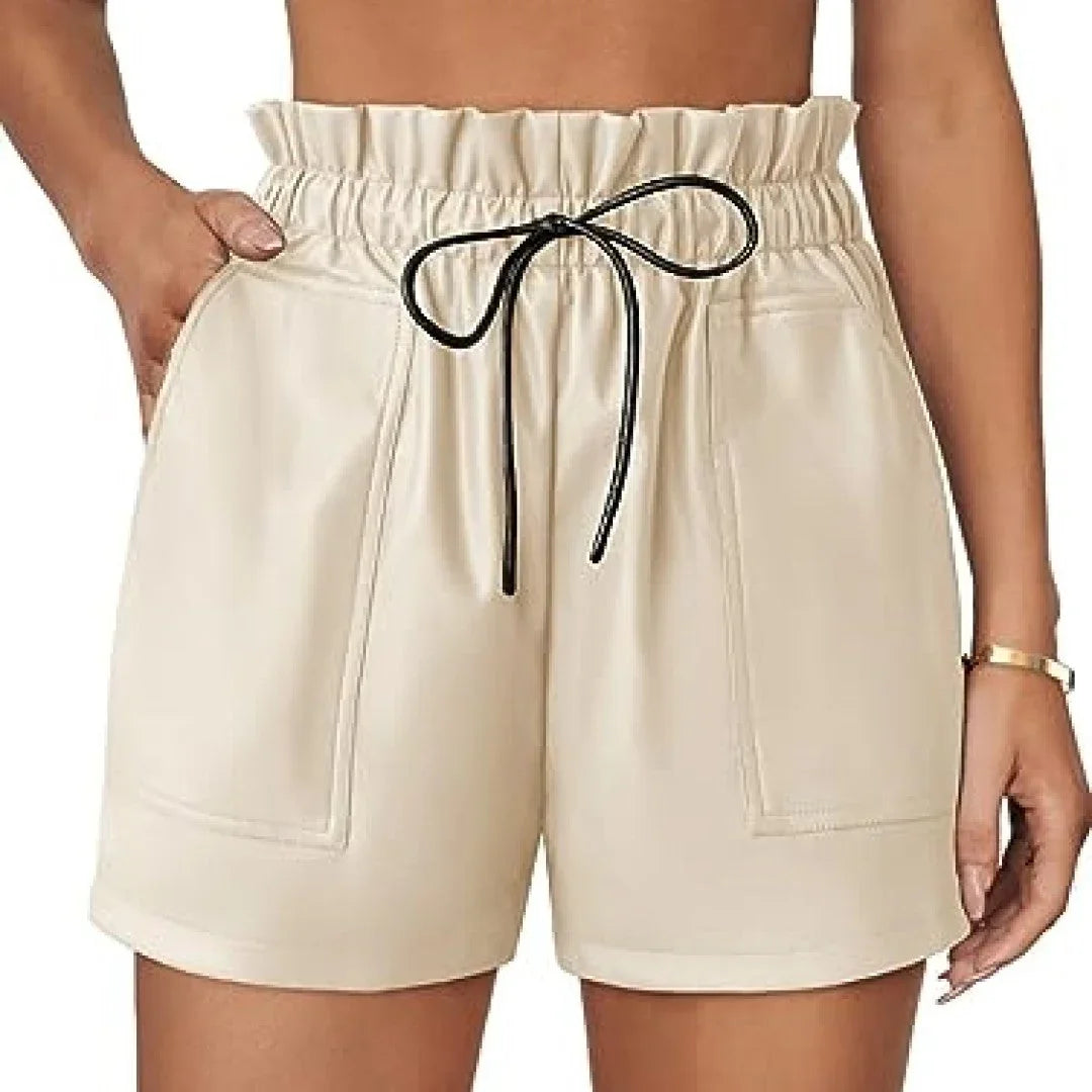 Beige Leather Shorts For Women With Hook And Loop Closer - TheBougees