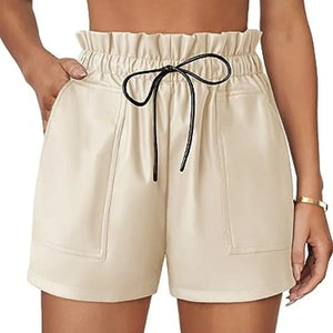 Beige Leather Shorts For Women With Hook And Loop Closer - TheBougees