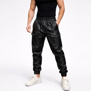 Men's black genuine leather jogger pants