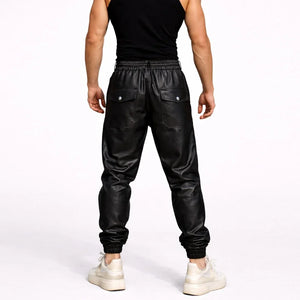 Men's black genuine leather jogger pants