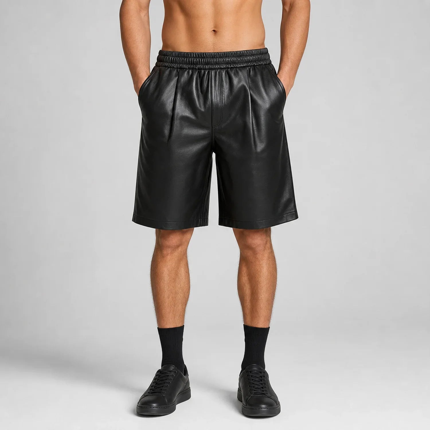 mens black leather bermuda shorts