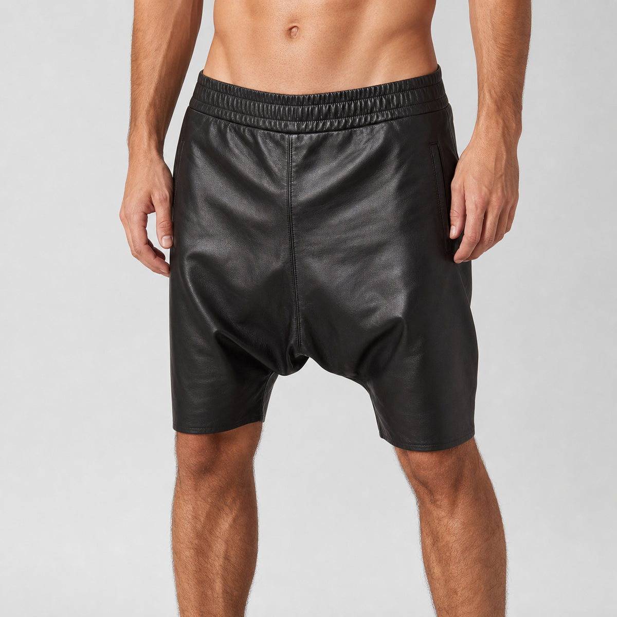 mens leather drop crotch shorts