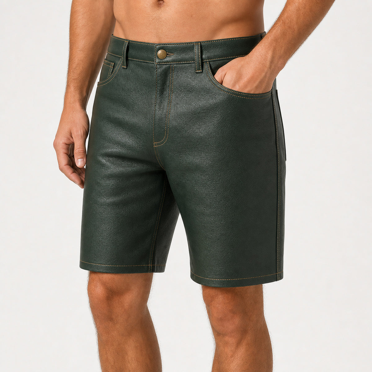 green leather shorts for men