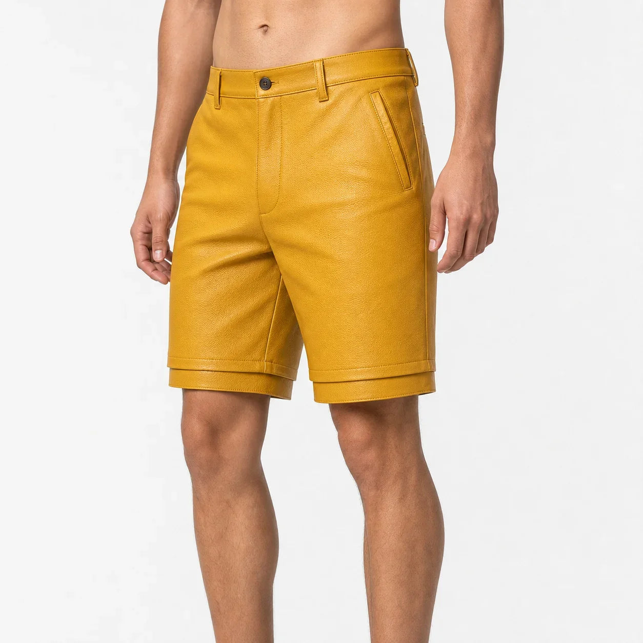 yellow leather shorts for men