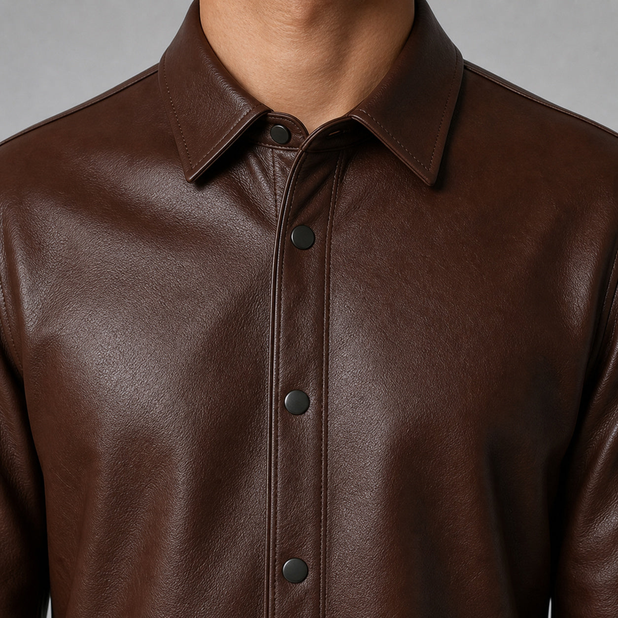 men's brown lambskin leather shirt MLSH 810037 collar and snap placket detail