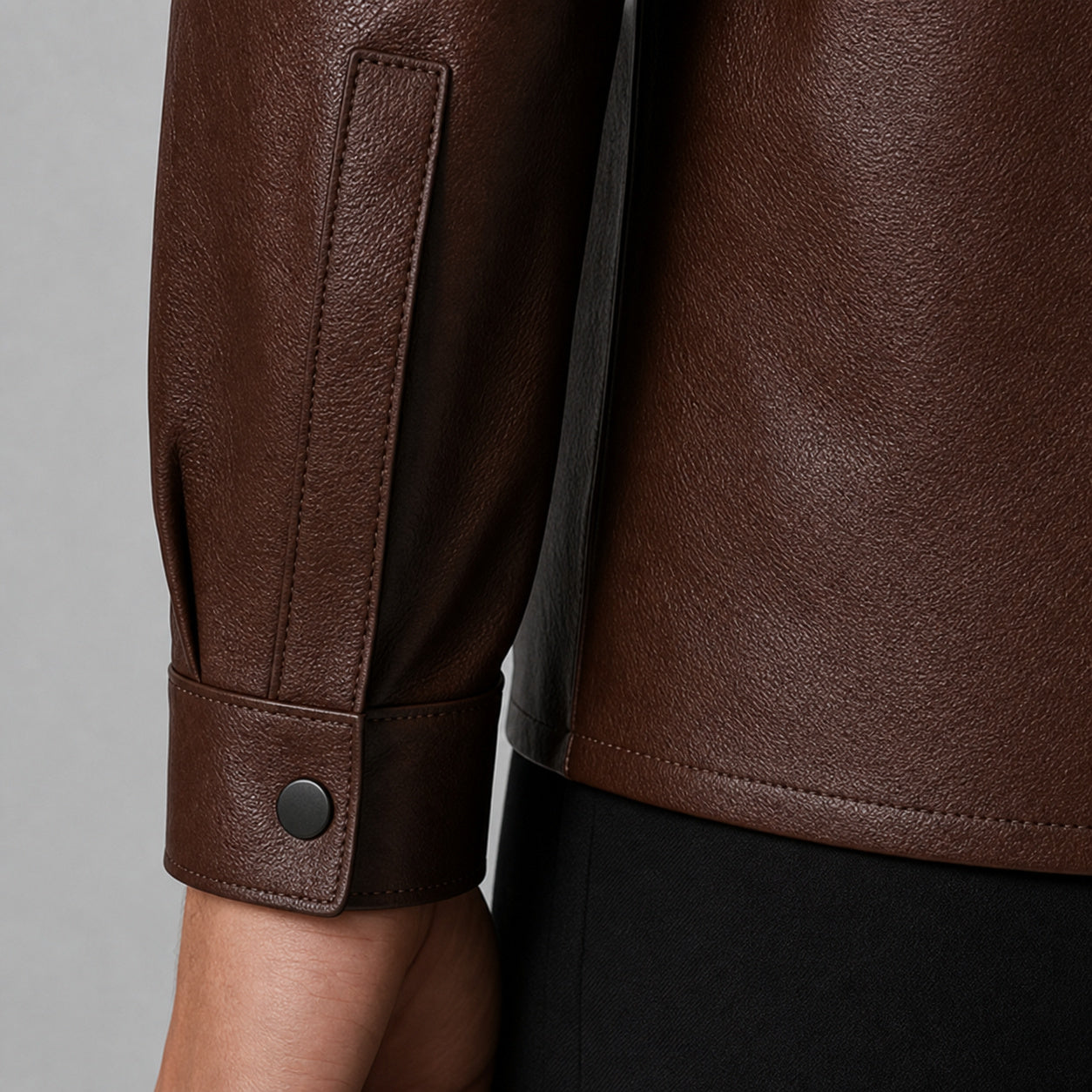 men's brown lambskin leather shirt MLSH 810037 cuff and hem detail