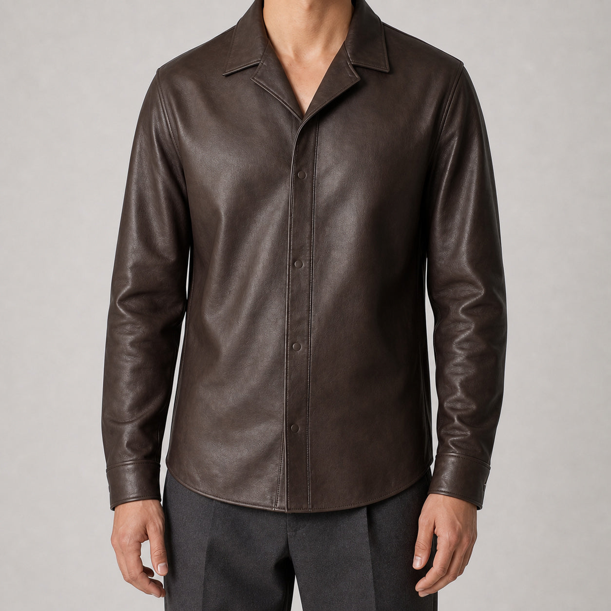 Men's Brown Lambskin Leather Shirt with Camp Collar – TheBougees