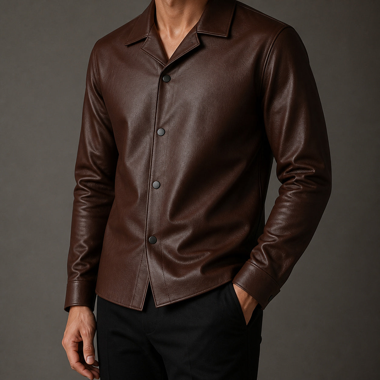 Men's Brown Lambskin Leather Shirt with Camp Collar – TheBougees