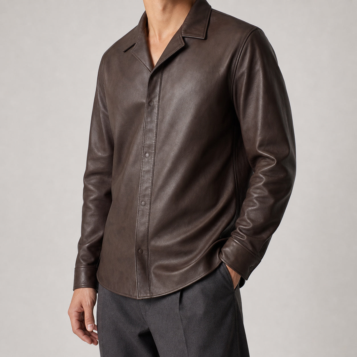 men's brown lambskin leather shirt MLSH 810037 main front view