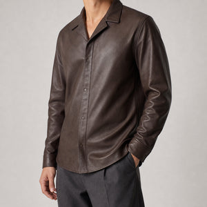 men's brown lambskin leather shirt MLSH 810037 main front view