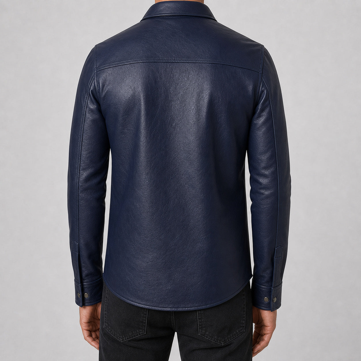 men's navy cowhide leather shirt MLSH 810038 back view
