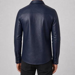 men's navy cowhide leather shirt MLSH 810038 back view