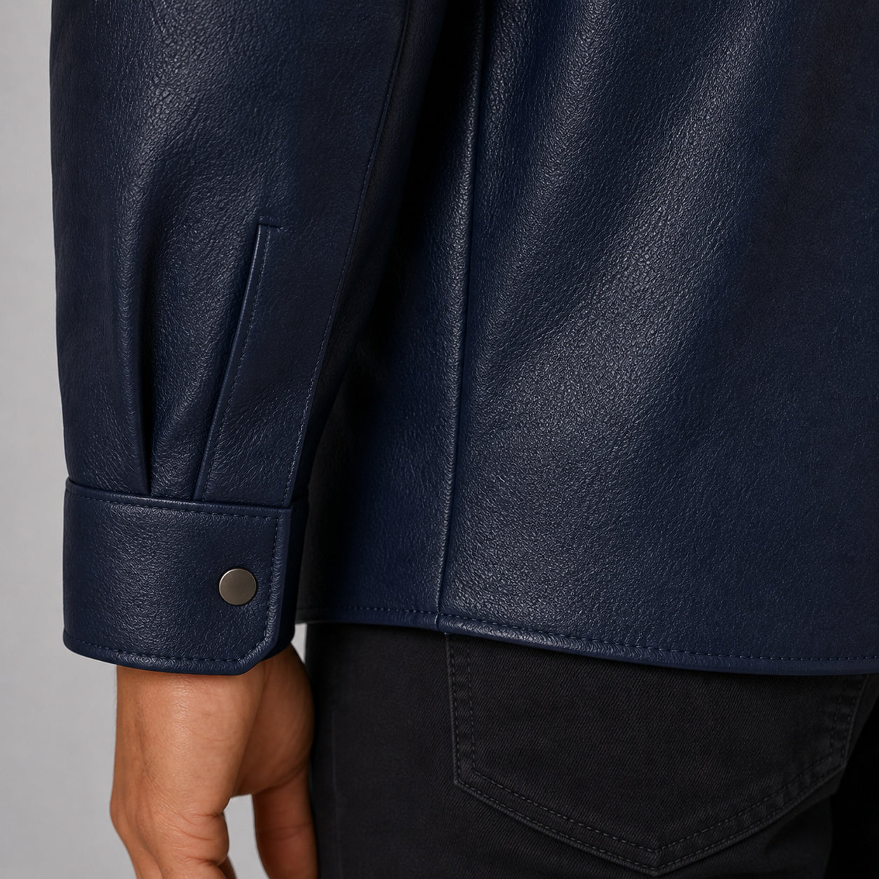 men's navy cowhide leather shirt MLSH 810038 cuff and hem detail