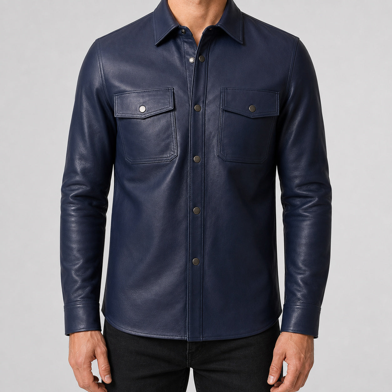 men's navy cowhide leather shirt MLSH 810038 straight front view