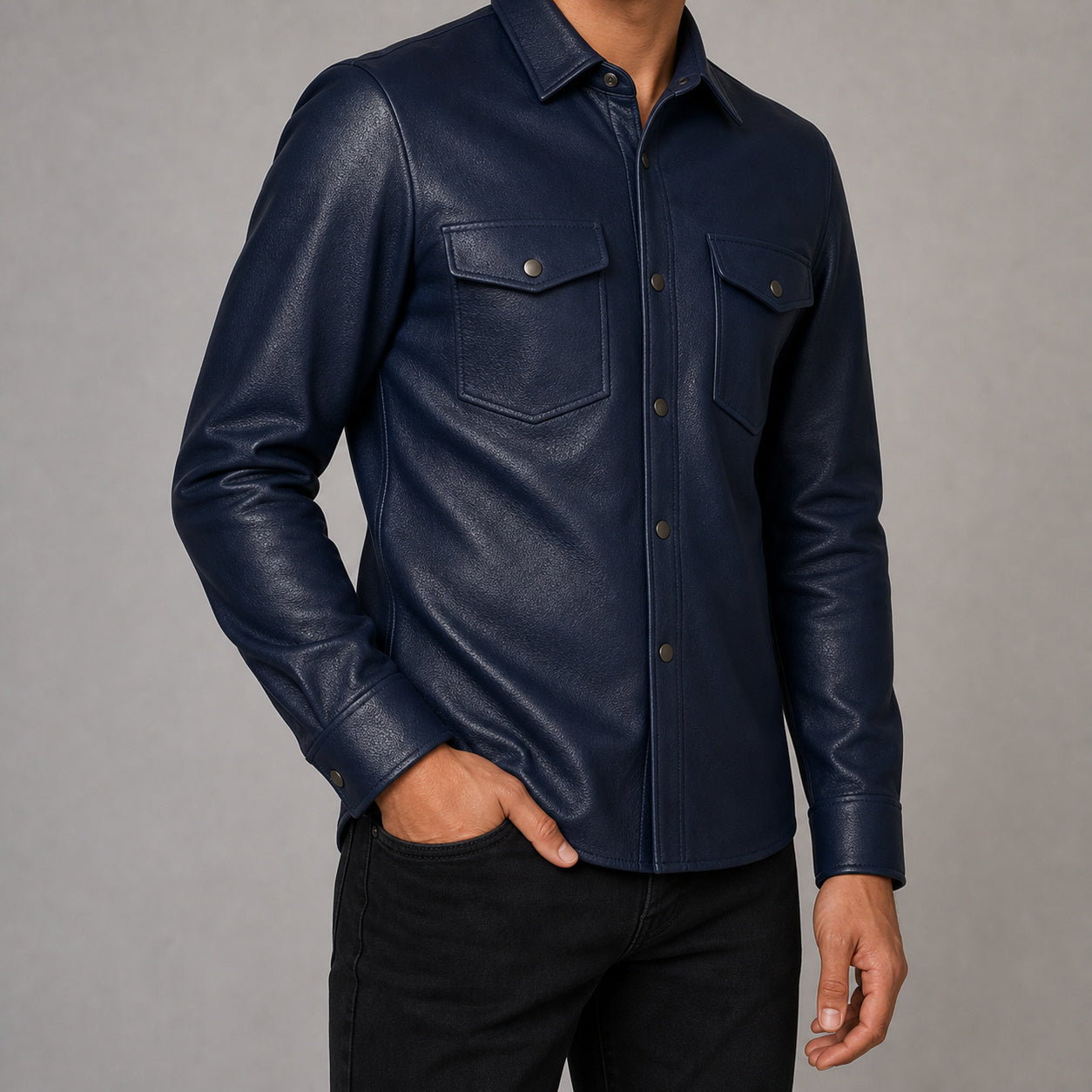 men's navy cowhide leather shirt MLSH 810038 lifestyle fit