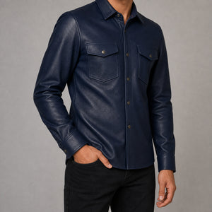 men's navy cowhide leather shirt MLSH 810038 lifestyle fit