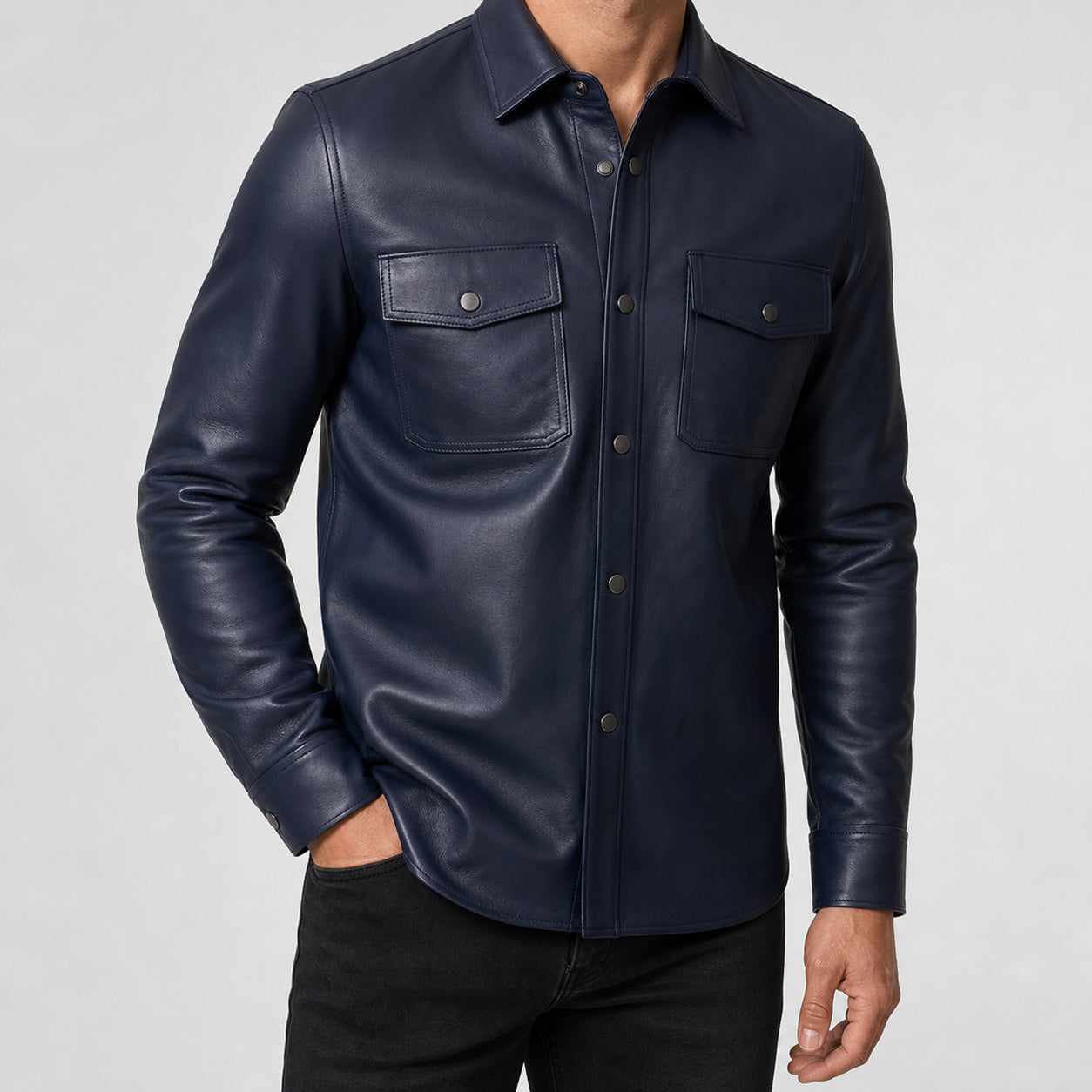 men's navy cowhide leather shirt MLSH 810038 main front view