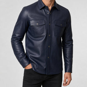 men's navy cowhide leather shirt MLSH 810038 main front view